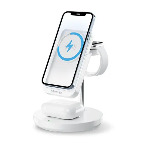 Forever Macs-100 Bezdrátová nabíjecí stanice s power bankou 5v1 bílá / 5000 mAh / 20W