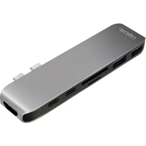 LogiLink UA0302 stříbrná / USB Hub / 2x USB-C / 2x USB-A / HDMI / čtečka SD / USB-C vstup