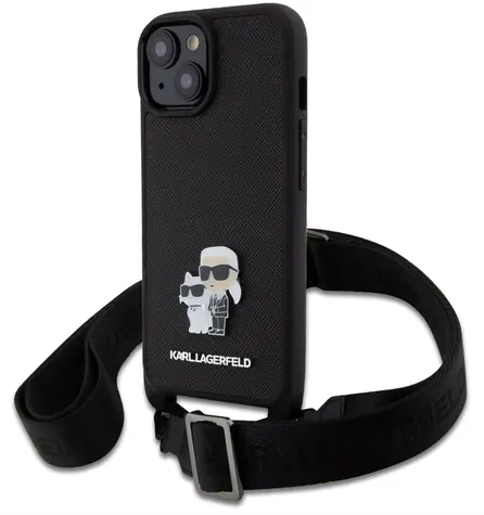 Karl Lagerfeld Saffiano Crossbody Metal Karl and Choupette Zadní Kryt pro Apple iPhone 15 Black / doprodej