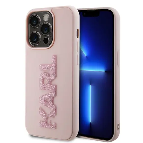 Karl Lagerfeld 3D Rubber Glitter Logo Karl Zadní Kryt pro Apple iPhone 15 Pro Max růžová