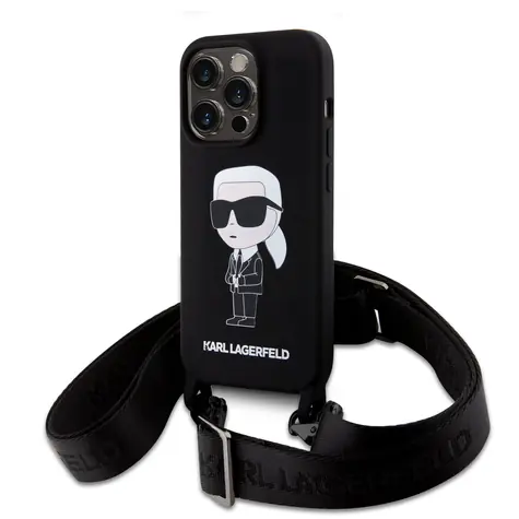 Karl Lagerfeld Liquid Silicone Crossbody Ikonik Zadní Kryt pro Apple iPhone 15 Pro Max černá