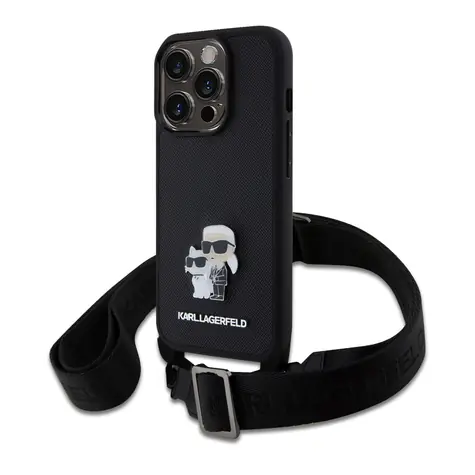 Karl Lagerfeld Saffiano Crossbody Metal Karl and Choupette Zadní Kryt pro Apple iPhone 15 Pro černá