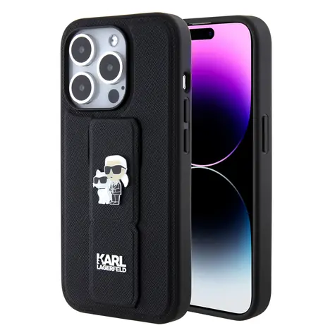 Karl Lagerfeld Saffiano Grip Stand Metal Logo Zadní Kryt pro Apple iPhone 15 Pro černá