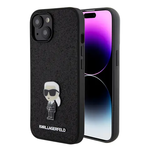 Karl Lagerfeld Fixed Glitter Metal Ikonik Zadní Kryt pro Apple iPhone 15 černá