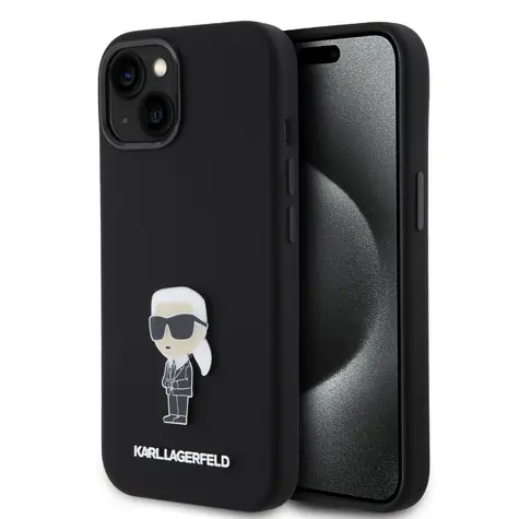 Karl Lagerfeld Liquid Silicone Metal Ikonik Zadní Kryt pro Apple iPhone 15 černá