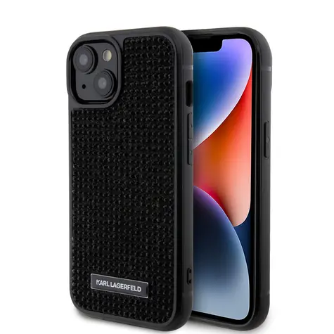 Karl Lagerfeld Rhinestone Plate Metal Logo Zadní Kryt pro Apple iPhone 15 černá