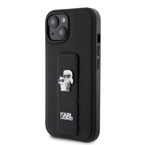 Karl Lagerfeld Saffiano Grip Stand Metal Logo Zadní Kryt pro Apple iPhone 15 černá