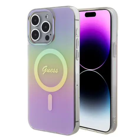 GUESS IML Iridescent Script MagSafe Zadní Kryt pro Apple iPhone 15 Pro Max růžová