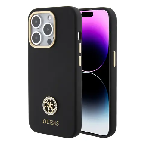 GUESS Liquid Silicone 4G Strass Metal Logo Zadní Kryt pro Apple iPhone 15 Pro Max černá