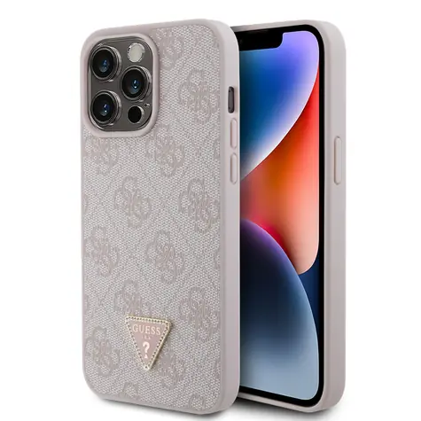 GUESS PU 4G Strass Triangle Metal Logo Zadní Kryt pro Apple iPhone 15 Pro Max růžová