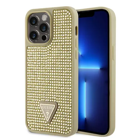 GUESS Rhinestones Triangle Metal Logo Kryt pro Apple iPhone 15 Pro Max zlatá