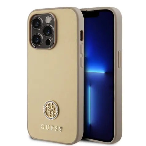 GUESS PU 4G Strass Metal Logo Zadní Kryt pro Apple iPhone 15 Pro zlatá