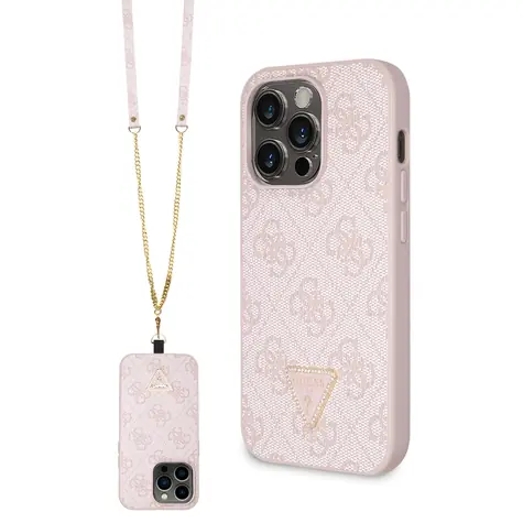GUESS PU 4G Strass Triangle Metal Logo Zadní Kryt + Crossbody Popruh pro Apple iPhone 15 Pro růžová