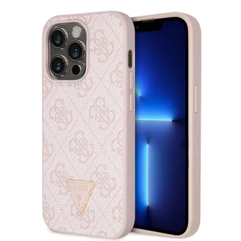 GUESS PU 4G Strass Triangle Metal Logo Zadní Kryt pro Apple iPhone 15 Pro růžová