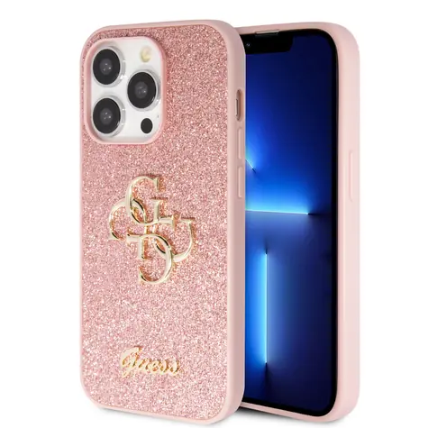 GUESS PU Fixed Glitter 4G Metal Logo Zadní Kryt pro Apple iPhone 15 Pro růžová