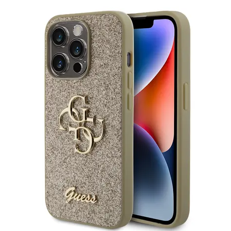 GUESS PU Fixed Glitter 4G Metal Logo Zadní Kryt pro Apple iPhone 15 Pro zlatá