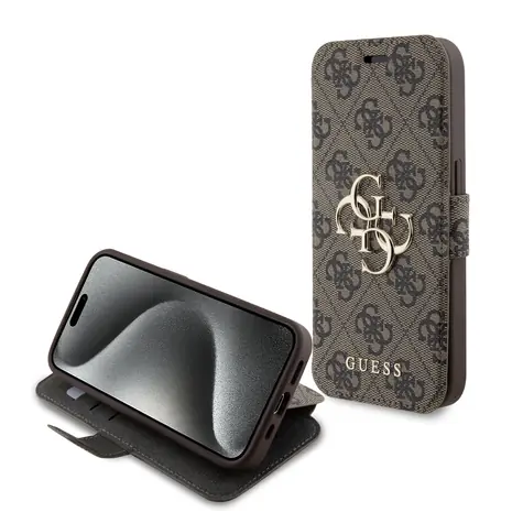 GUESS PU Leather 4G Metal Logo Book Pouzdro pro Apple iPhone 15 Pro hnědá