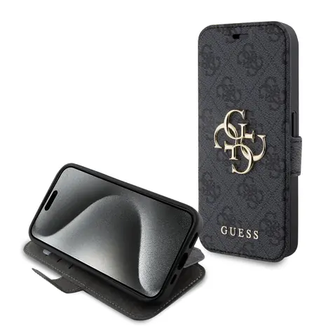 GUESS PU Leather 4G Metal Logo Book Pouzdro pro Apple iPhone 15 Pro šedá