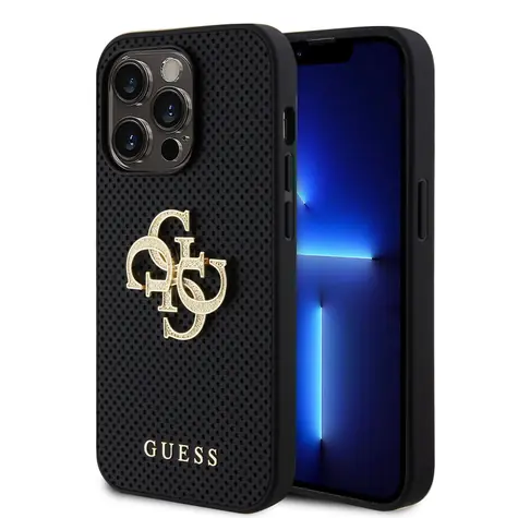 GUESS PU Perforated 4G Glitter Metal Logo Zadní Kryt pro Apple iPhone 15 Pro černá