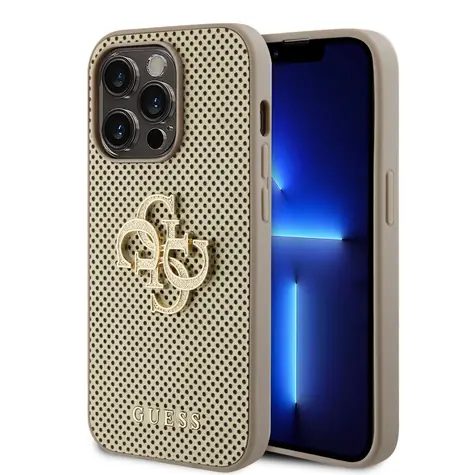 GUESS PU Perforated 4G Glitter Metal Logo Zadní Kryt pro Apple iPhone 15 Pro zlatá