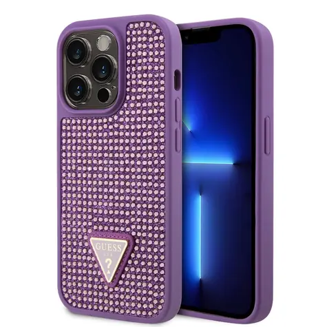GUESS Rhinestones Triangle Metal Logo Kryt pro Apple iPhone 15 Pro fialová