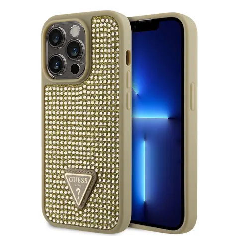 GUESS Rhinestones Triangle Metal Logo Kryt pro Apple iPhone 15 Pro zlatá