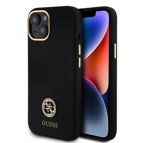 GUESS Liquid Silicone 4G Strass Metal Logo Zadní Kryt pro Apple iPhone 15 černá