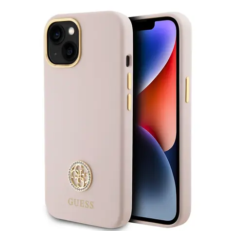 GUESS Liquid Silicone 4G Strass Metal Logo Zadní Kryt pro Apple iPhone 15 růžová