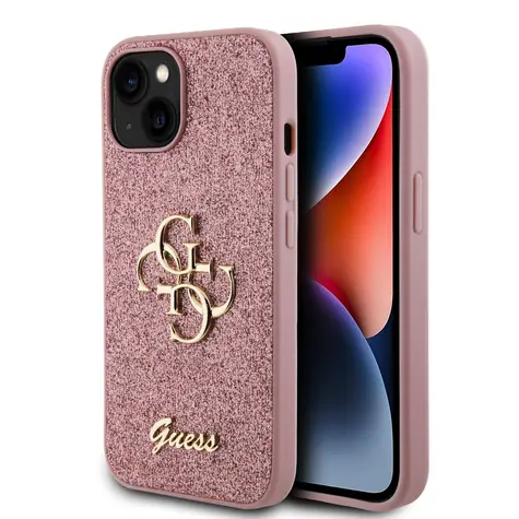 GUESS PU Fixed Glitter 4G Metal Logo Zadní Kryt pro Apple iPhone 15 růžová
