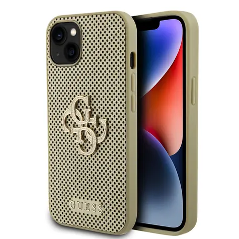 GUESS PU Perforated 4G Glitter Metal Logo Zadní Kryt pro Apple iPhone 15 zlatá
