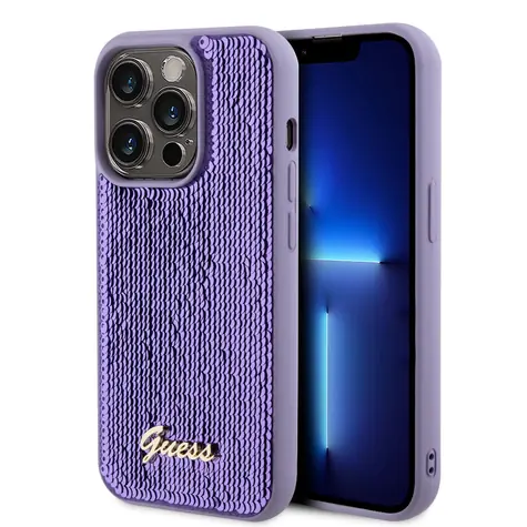 GUESS Sequin Script Logo Zadní Kryt pro Apple iPhone 14 Pro fialová