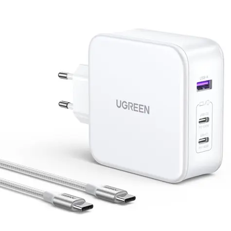 UGREEN USB-A 2xUSB-C 140W GaN Rychlonabíječka bílá / USB-C/C kabel 2 m / 2x USB-C / 1x USB-A