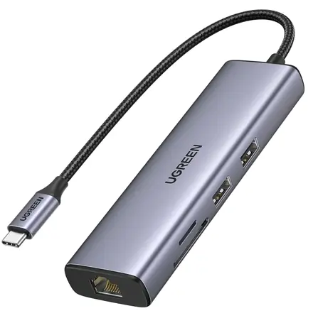 UGREEN 90568 Adapter Hub šedá / 2x USB-A 3.0 / HDMI / RJ45 / čtečka karet SD & TF 
