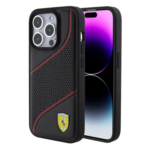 Ferrari PU Leather Perforated Slanted Line Zadní Kryt pro Apple iPhone 15 Pro černá