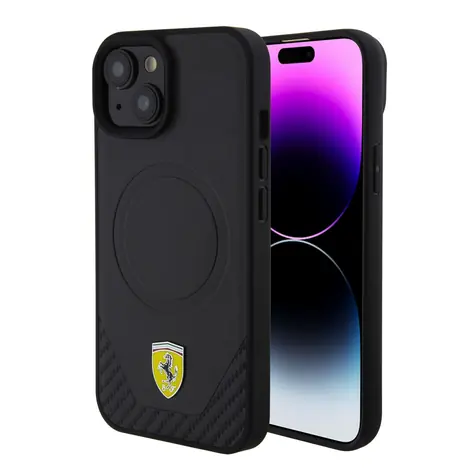 Ferrari PU Leather Bottom Carbon MagSafe Zadní Kryt pro Apple iPhone 15 černá