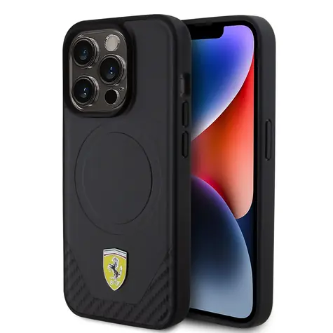 Ferrari PU Leather Bottom Carbon MagSafe Zadní Kryt pro Apple iPhone 15 Pro černá