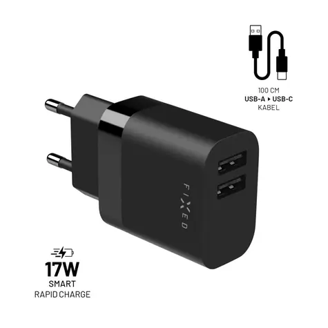 FIXED Set síťové nabíječky s 2xUSB výstupem a USB/USB-C kabelu černá / 17W Smart Rapid Charge