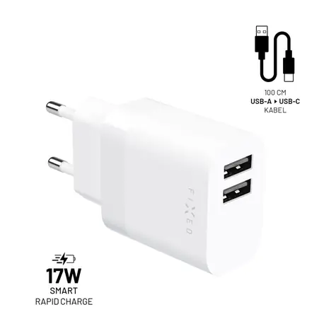 FIXED Set síťové nabíječky s 2xUSB výstupem a USB/USB-C kabelu bílá / 17W Smart Rapid Charge