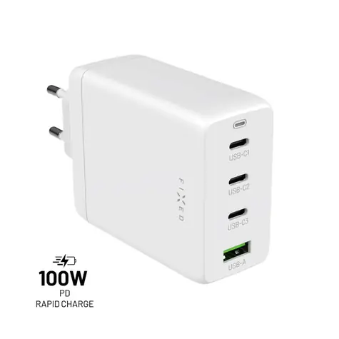 FIXED GaN Síťová nabíječka 100W bílá / 3x USB-C & 1x USB-A / podpora PD 