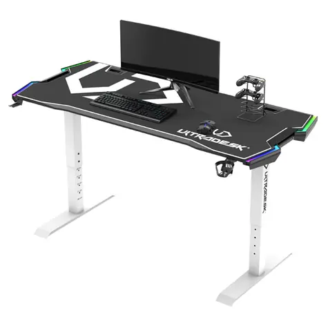ULTRADESK Force bílá / Herní stůl / 166 x 70 x 60 - 86 cm / nastavitelná výška / LED osvětlení