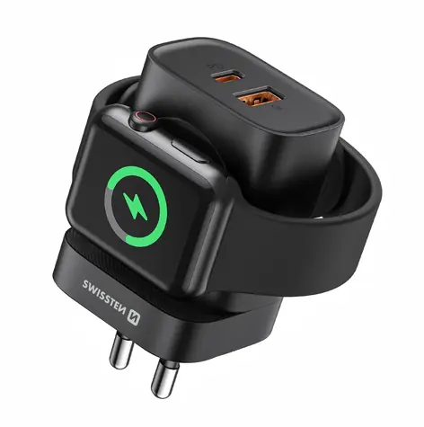 SWISSTEN Síťový adaptér USB-A/C a nabíjení Apple Watch 20W černá