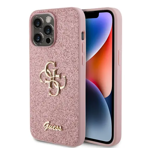 Guess PU Fixed Glitter 4G Metal Logo Zadní Kryt pro Apple iPhone 15 Pro Max růžová