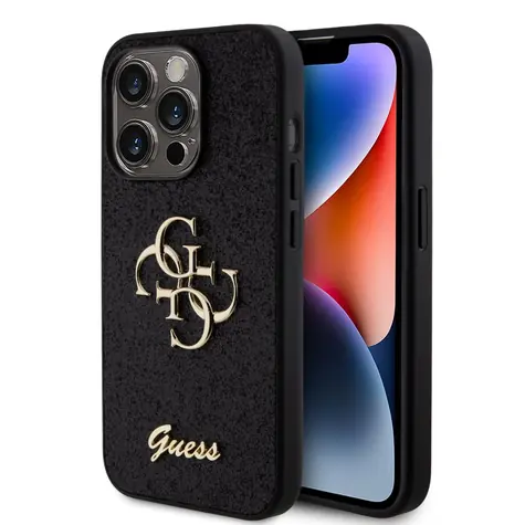Guess PU Fixed Glitter 4G Metal Logo Zadní Kryt pro Apple iPhone 15 Pro černá