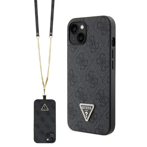 Guess PU 4G Strass Triangle Metal Logo Zadní Kryt + Crossbody Popruh pro Apple iPhone 15 černá
