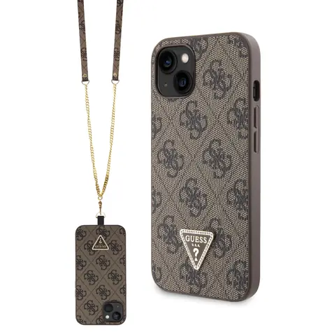 Guess PU 4G Strass Triangle Metal Logo Zadní Kryt + Crossbody Popruh pro Apple iPhone 15 hnědá