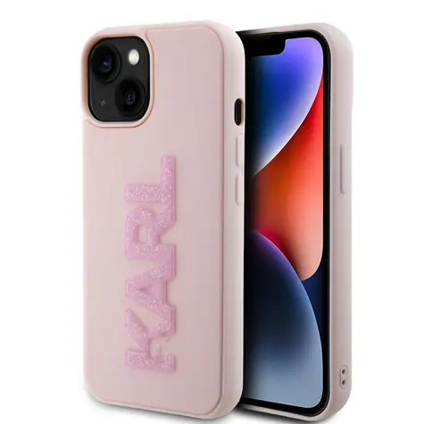Karl Lagerfeld 3D Rubber Glitter Logo Karl Zadní Kryt pro Apple iPhone 15 růžová