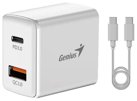 GENIUS PD-20ACP bílá / Nabájecí adaptér + kabel USB-C (M) - USB-C (M) 1m / 20W / USB-A / USB-C 