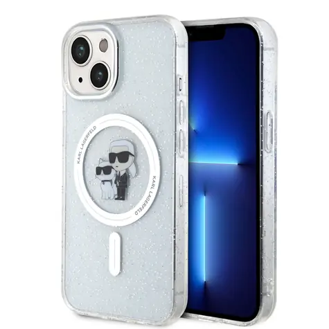 Karl Lagerfeld IML Glitter Karl and Choupette MagSafe Zadní Kryt pro Apple iPhone 15 čirá