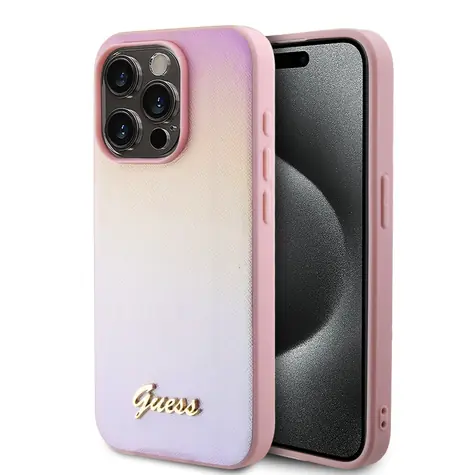 Guess PU Leather Iridescent Metal Script Zadní Kryt pro Apple iPhone 15 Pro Max růžová