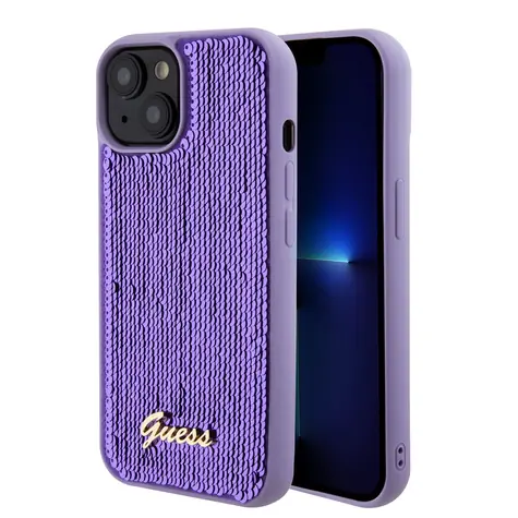 Guess Sequin Script Logo Zadní Kryt pro Apple iPhone 15 Plus fialová
